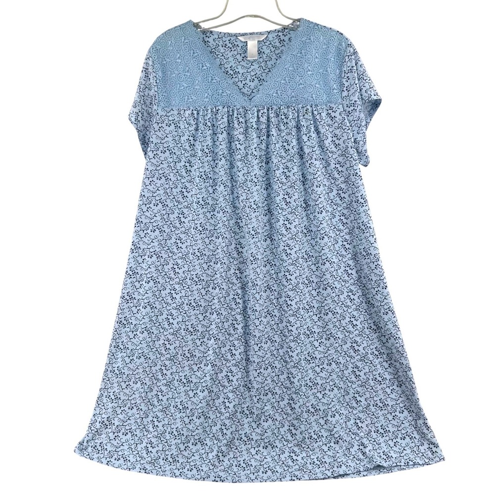 Adonna Womens Nightgown Sleep Dress L Blue Floral Lace V-Neck Cottagecore Soft